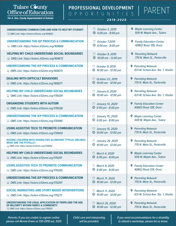 TCOE Parent Resource Training & Locations 